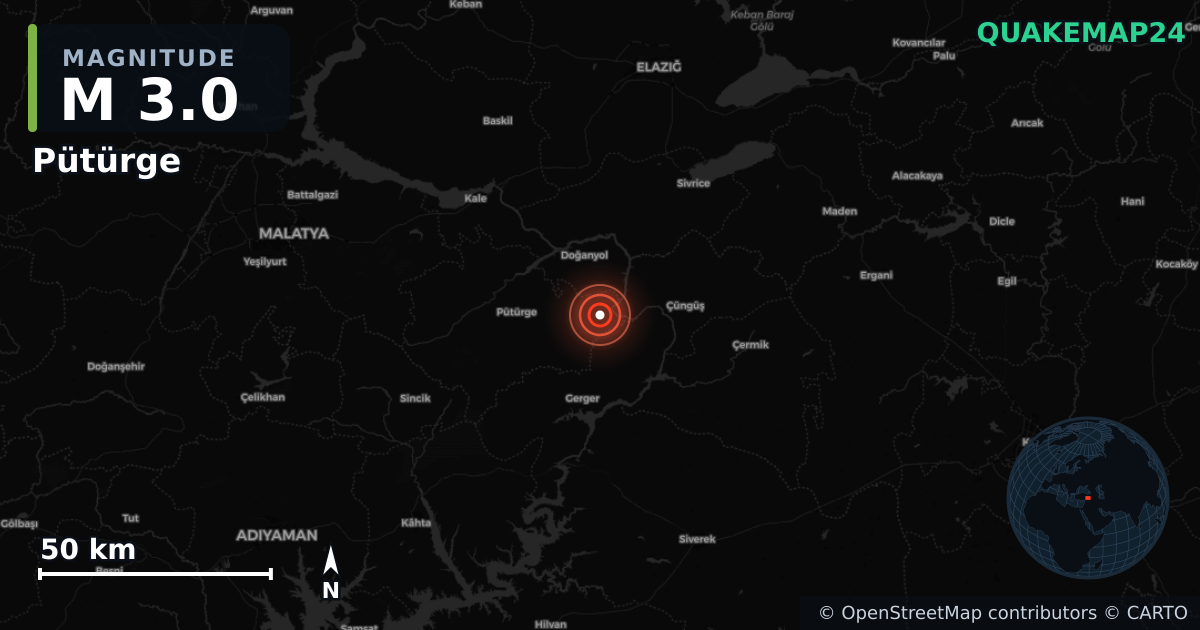 M3.0 earthquake near Pütürge on Mar 2, 2026 — map of epicenter and shaking intensity | QuakeMap24