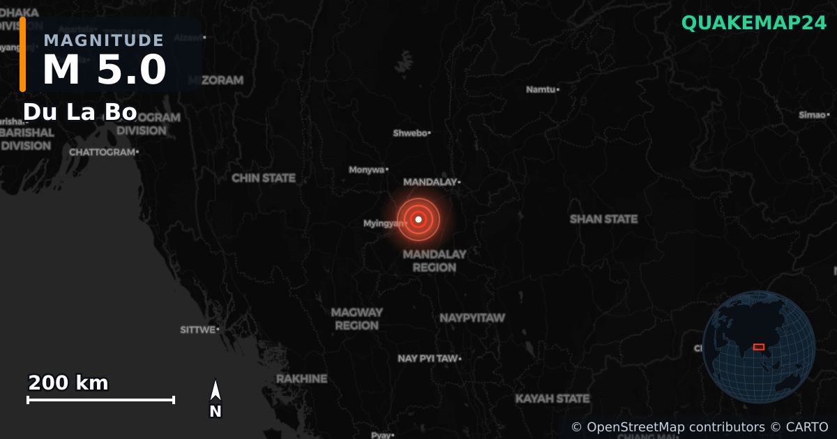 M5.0 earthquake near Du La Bo on Aug 5, 2026 — map of epicenter and shaking intensity | QuakeMap24