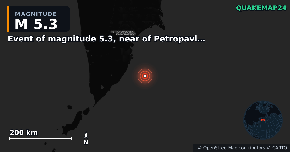 M5.3 earthquake near Event of magnitude 5.3, near of Petropavlovsk Kamchatskiy (Monde) on Sep 22, 2025 — map of epicenter and shaking intensity | QuakeMap24