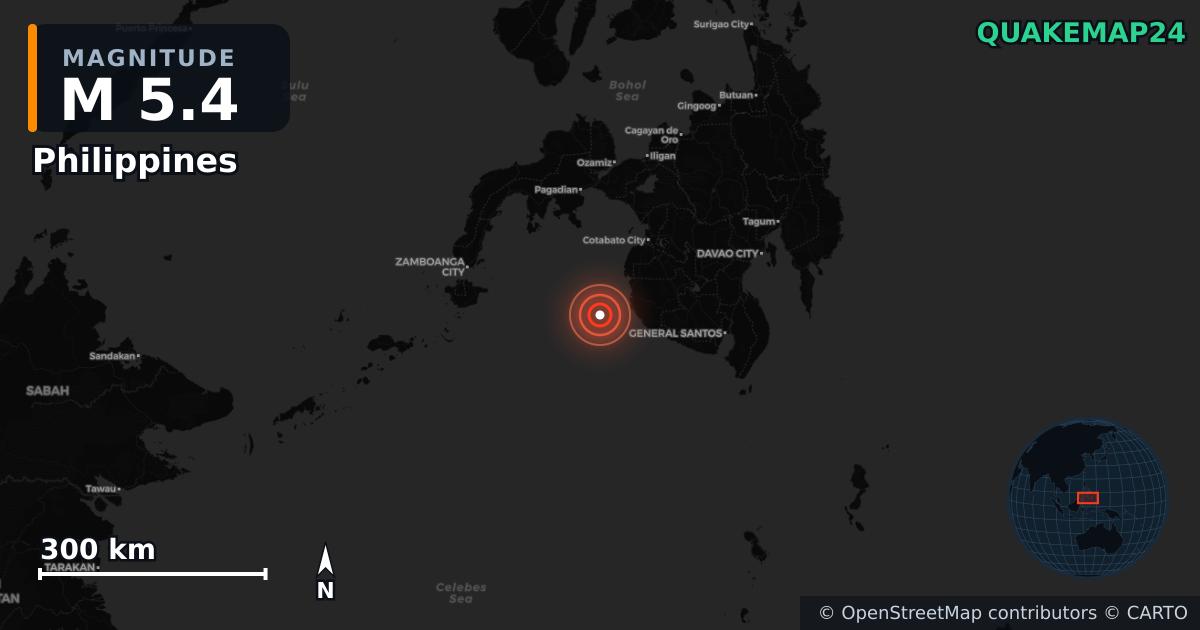 M5.4 earthquake near Philippines on Jan 27, 2026 — map of epicenter and shaking intensity | QuakeMap24