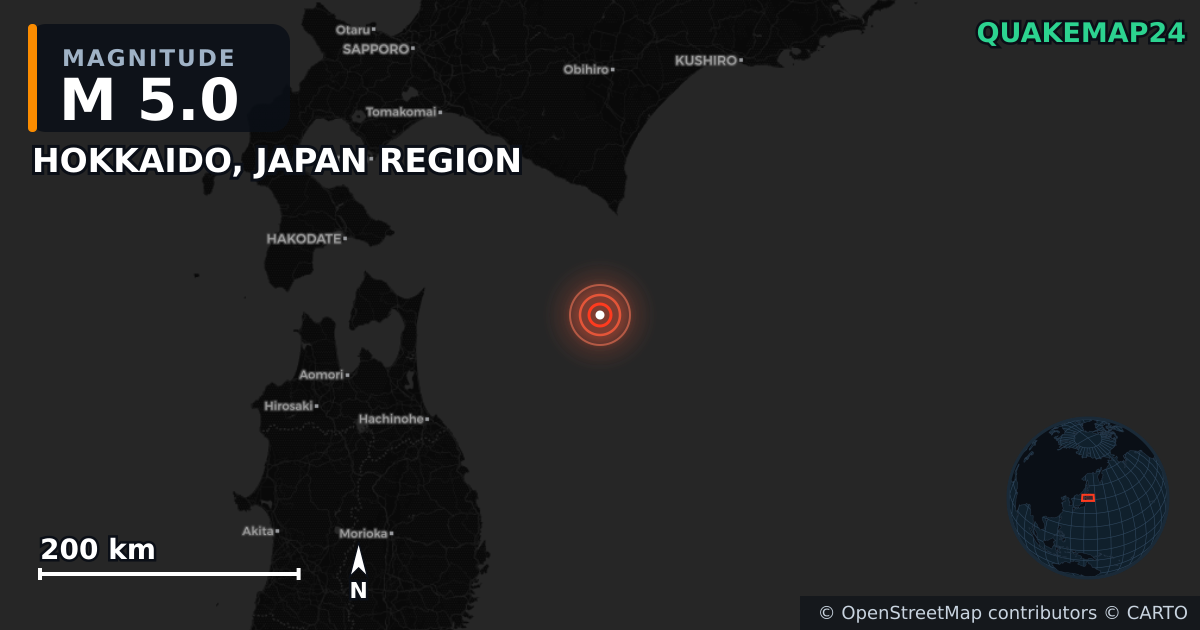 M5.0 earthquake near HOKKAIDO, JAPAN REGION on Apr 22, 2025 — map of epicenter and shaking intensity | QuakeMap24