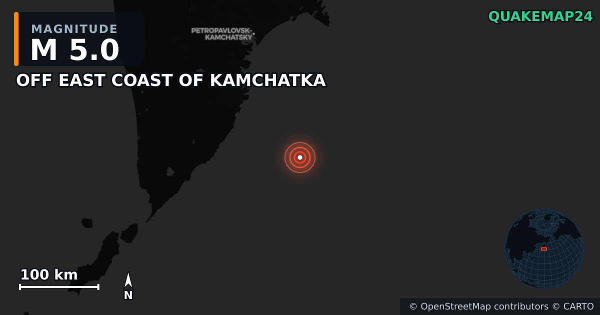 M5.0 earthquake near OFF EAST COAST OF KAMCHATKA on Aug 3, 2025 — map of epicenter and shaking intensity | QuakeMap24