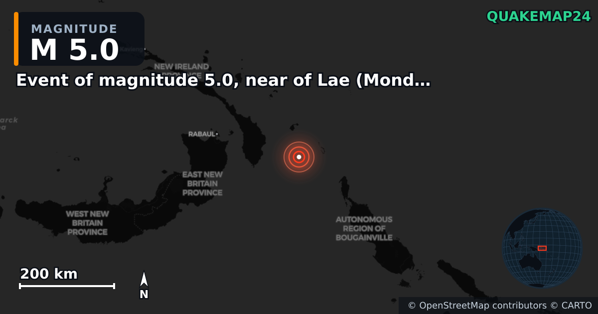 M5.0 earthquake near Event of magnitude 5.0, near of Lae (Monde) on Apr 6, 2026 — map of epicenter and shaking intensity | QuakeMap24