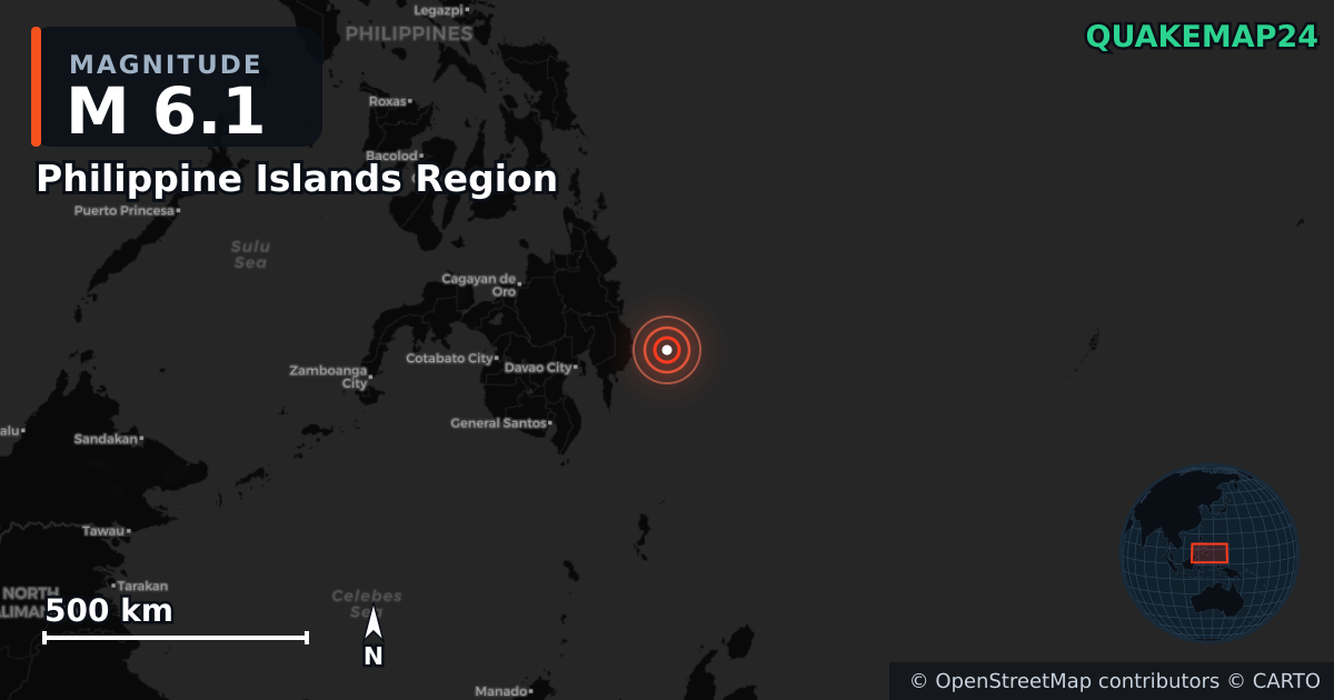 M6.1 earthquake near Philippine Islands Region on Oct 10, 2025 — map of epicenter and shaking intensity | QuakeMap24
