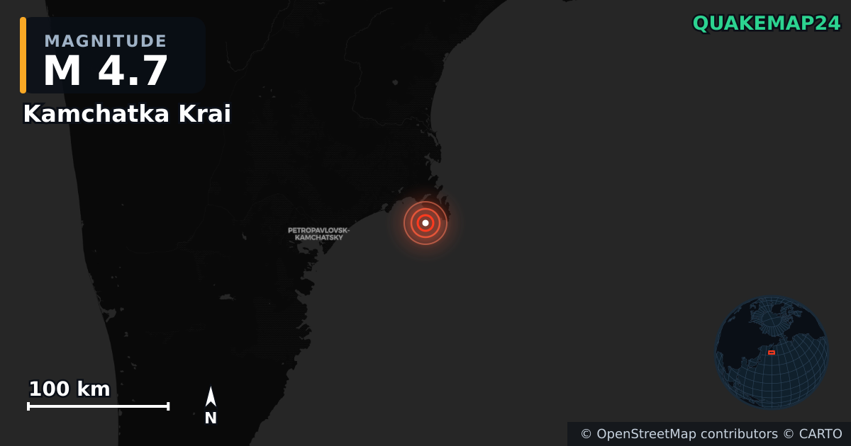 M4.7 earthquake near Kamchatka Krai on Jul 30, 2026 — map of epicenter and shaking intensity | QuakeMap24