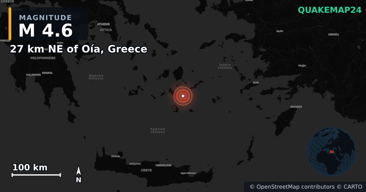 M4.6 earthquake near 27 km NE of Oía, Greece on Feb 2, 2025 — map of epicenter and shaking intensity | QuakeMap24