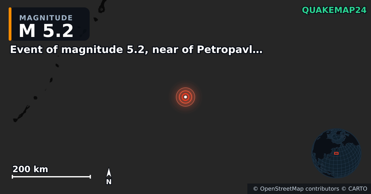 M5.2 earthquake near Event of magnitude 5.2, near of Petropavlovsk Kamchatskiy (Monde) on Feb 25, 2026 — map of epicenter and shaking intensity | QuakeMap24