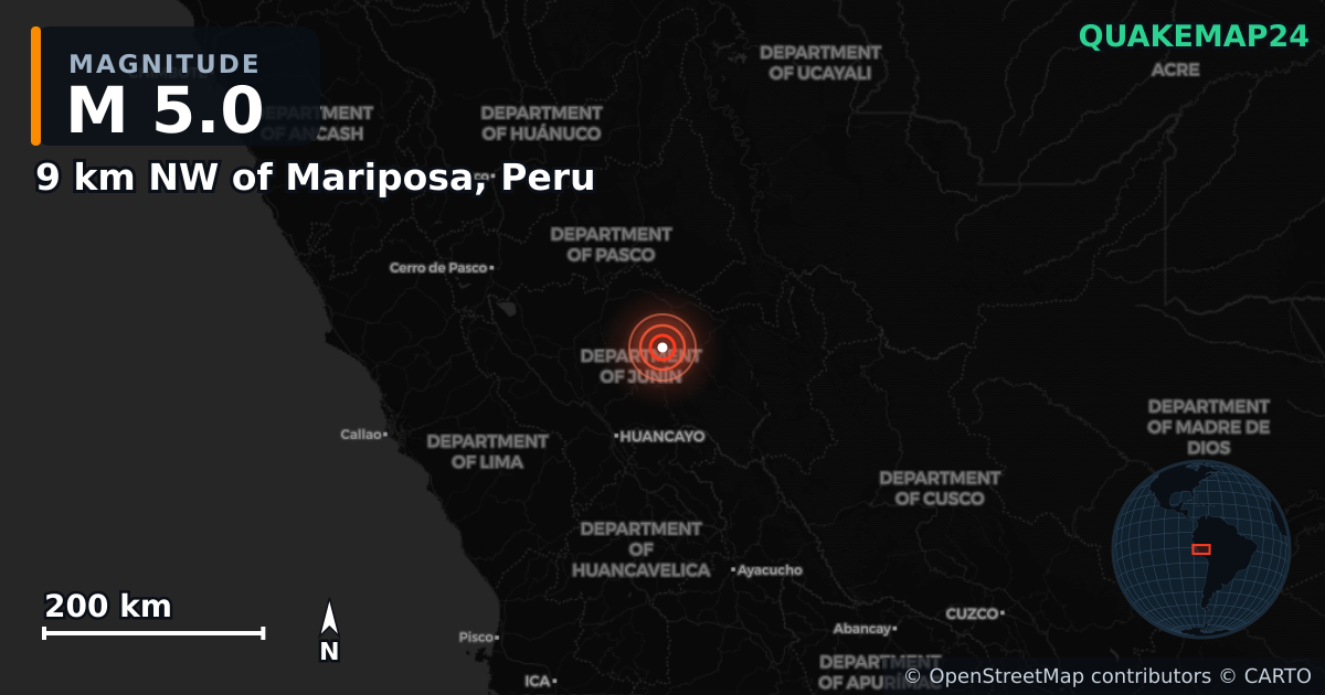 M5.0 earthquake near 9 km NW of Mariposa, Peru on Feb 18, 2025 — map of epicenter and shaking intensity | QuakeMap24