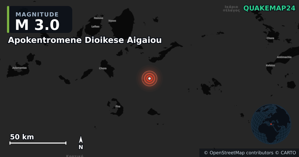 M3.0 earthquake near Apokentromene Dioikese Aigaiou on Aug 26, 2025 — map of epicenter and shaking intensity | QuakeMap24