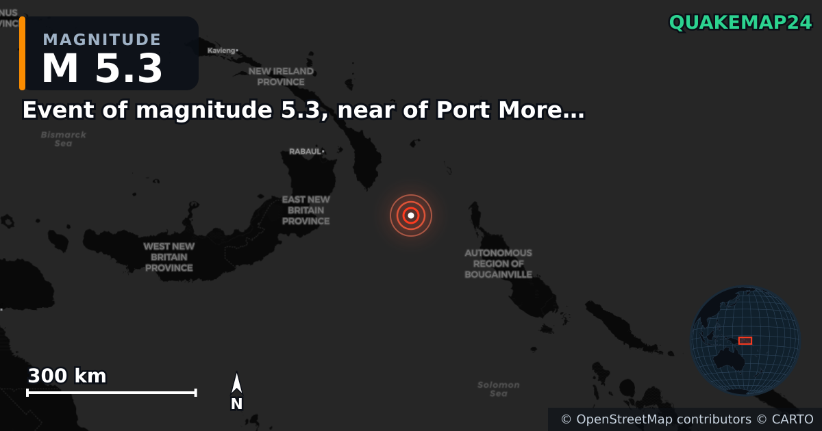 Erdbeben M5,3 bei Event of magnitude 5.3, near of Port Moresby (Monde) — Karte der Lage des Epizentrums