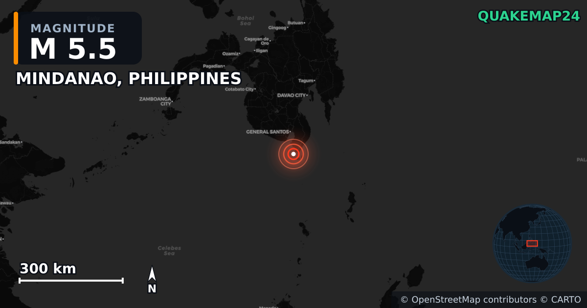 M5.5 earthquake near MINDANAO, PHILIPPINES on Jun 8, 2026 — map of epicenter and shaking intensity | QuakeMap24
