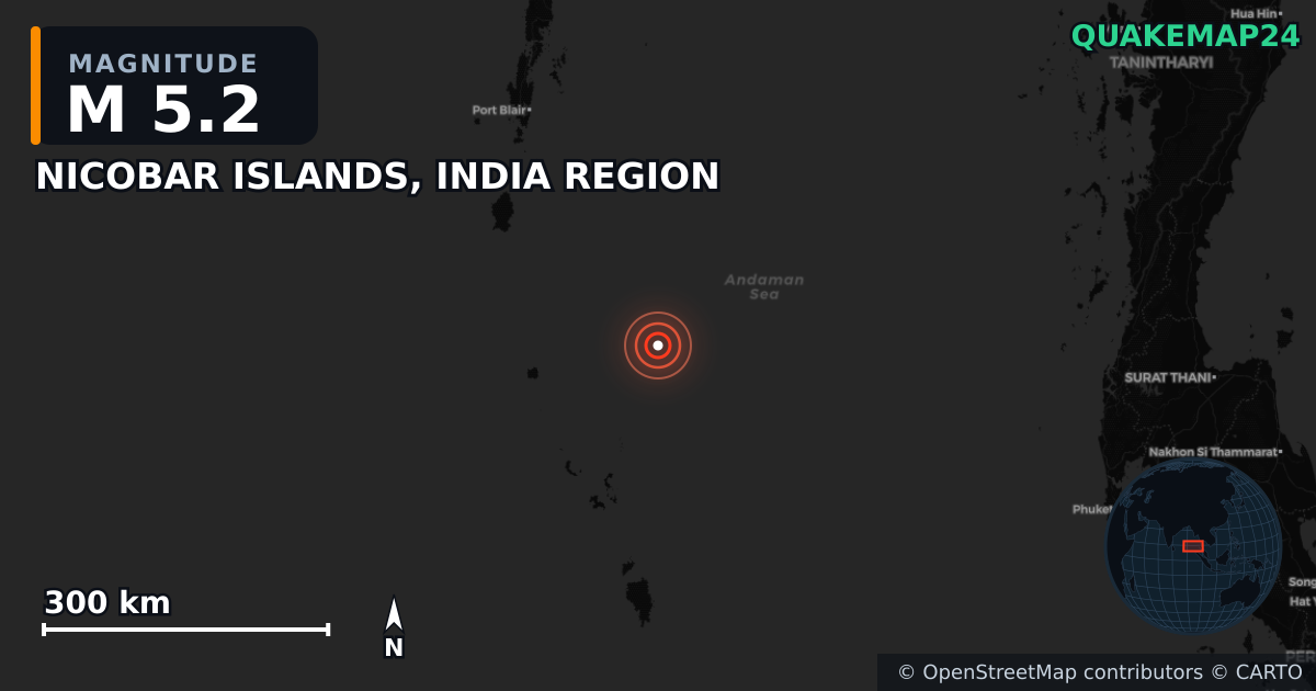 NICOBAR ISLANDS, INDIA REGION yakınında M5,2 deprem · 2025-07-13 — Deprem merkez üssünün konumunu gösteren harita