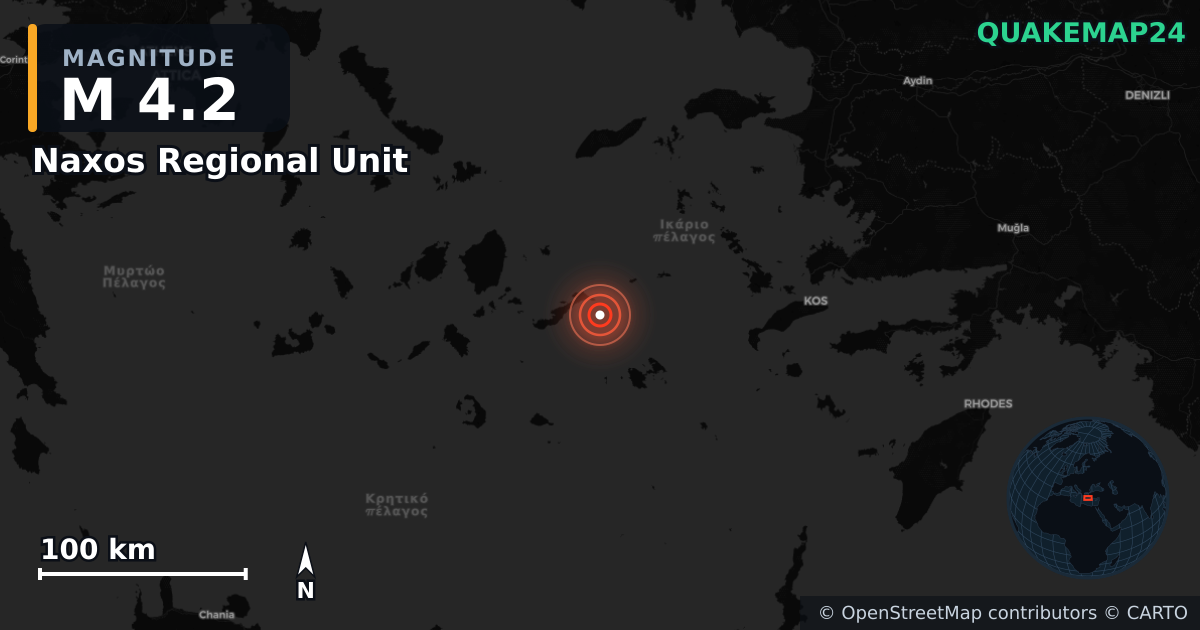 M4.2 earthquake near Naxos Regional Unit on May 29, 2026 — map of epicenter and shaking intensity | QuakeMap24