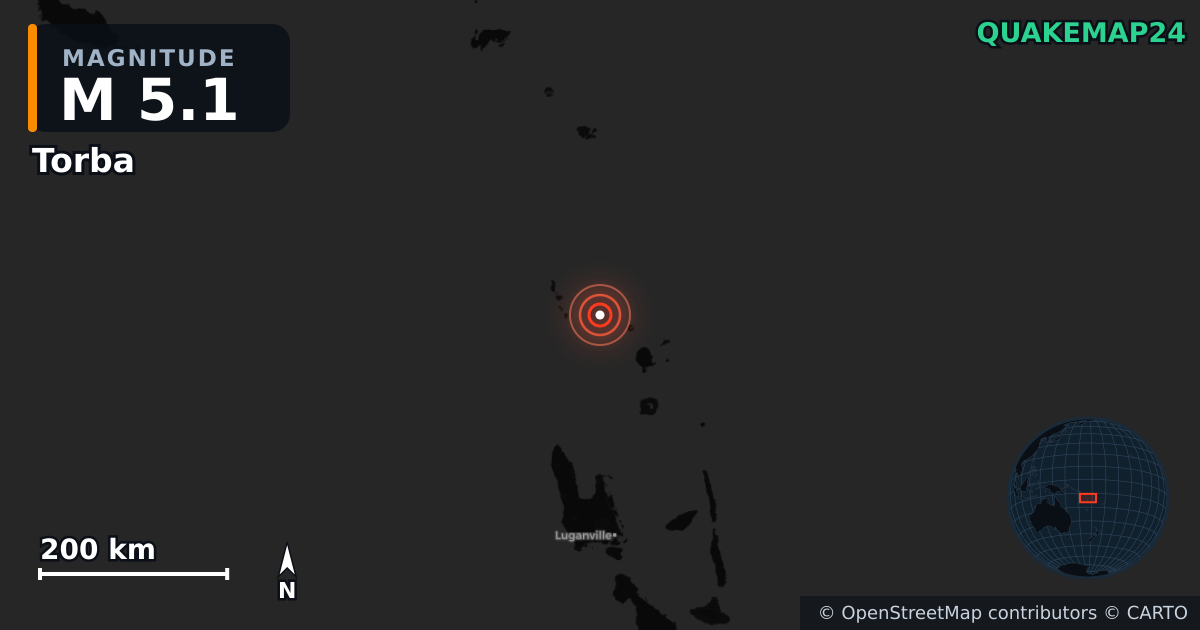 M5.1 earthquake near Torba on Nov 29, 2025 — map of epicenter and shaking intensity | QuakeMap24