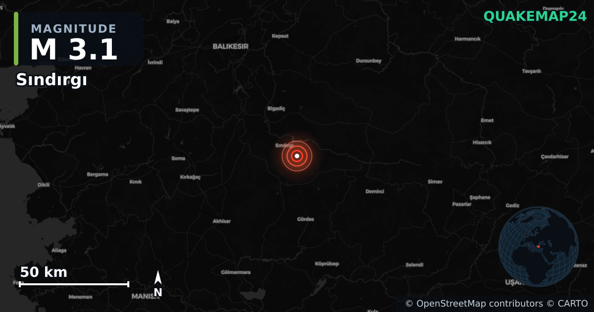 M3.1 earthquake near Sındırgı on Nov 8, 2025 — map of epicenter and shaking intensity | QuakeMap24