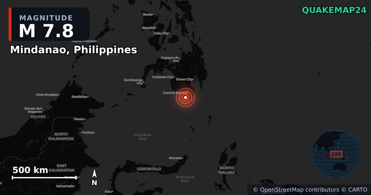 M7.8 earthquake near Mindanao, Philippines on Jun 7, 2026 — map of epicenter and shaking intensity | QuakeMap24