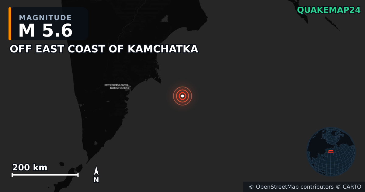 M5.6 earthquake near OFF EAST COAST OF KAMCHATKA on Sep 18, 2025 — map of epicenter and shaking intensity | QuakeMap24