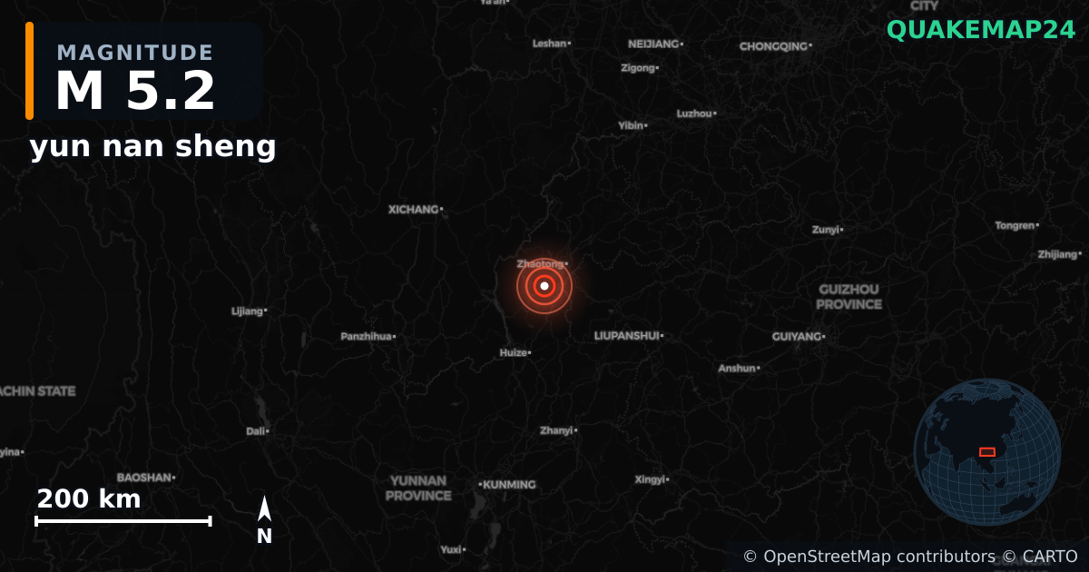 M5.2 earthquake near yun nan sheng on Oct 11, 2025 — map of epicenter and shaking intensity | QuakeMap24