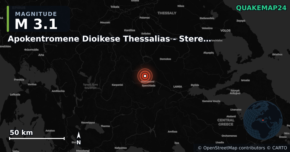 M3.1 earthquake near Apokentromene Dioikese Thessalias - Stereas Ellados on Oct 22, 2025 — map of epicenter and shaking intensity | QuakeMap24