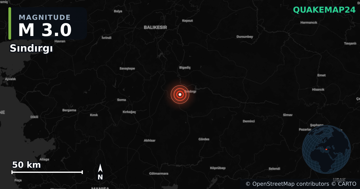 M3.0 earthquake near Sındırgı on Aug 21, 2025 — map of epicenter and shaking intensity | QuakeMap24