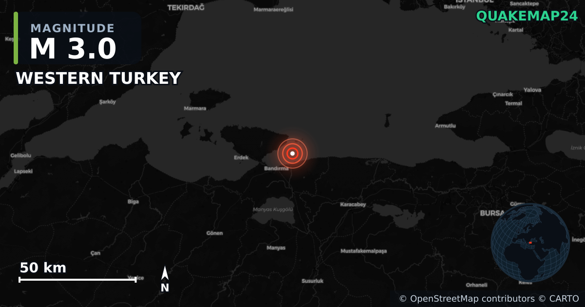 M3.0 earthquake near WESTERN TURKEY on Dec 9, 2025 — map of epicenter and shaking intensity | QuakeMap24