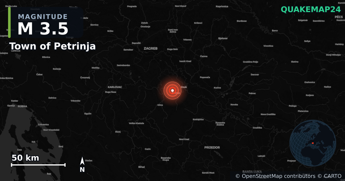 M3.5 earthquake near Town of Petrinja on May 12, 2026 — map of epicenter and shaking intensity | QuakeMap24
