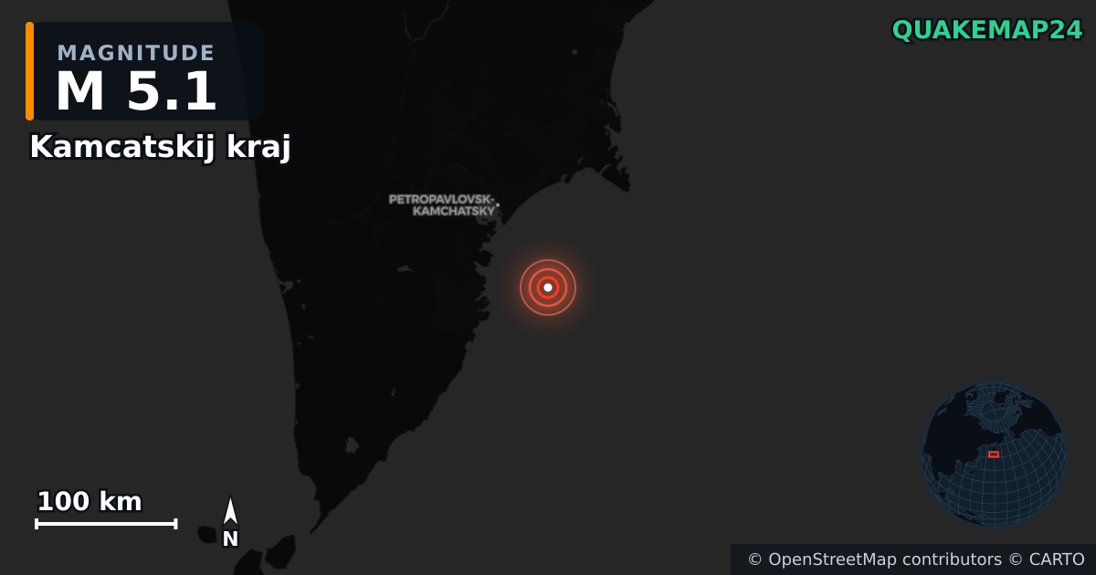 M5.1 earthquake near Kamcatskij kraj on Nov 25, 2025 — map of epicenter and shaking intensity | QuakeMap24