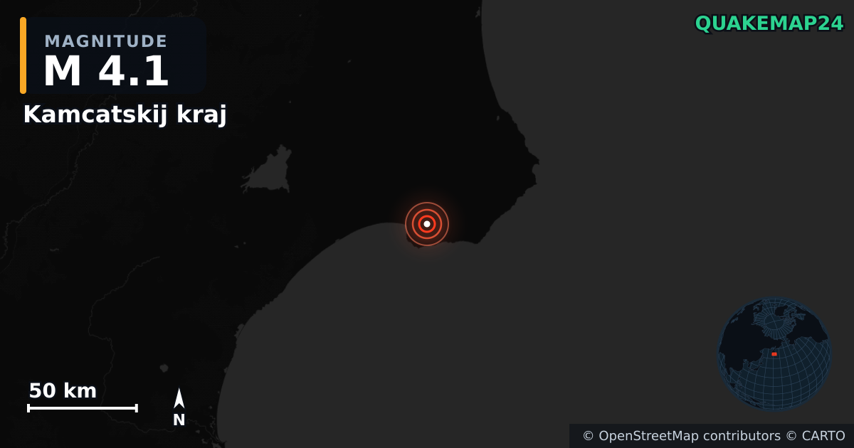 M4.1 earthquake near Kamcatskij kraj on Jun 13, 2025 — map of epicenter and shaking intensity | QuakeMap24