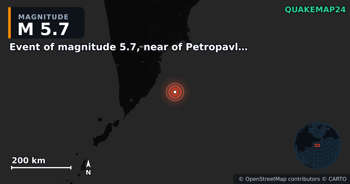 M5.7 earthquake near Event of magnitude 5.7, near of Petropavlovsk Kamchatskiy (Monde) on Mar 8, 2026 — map of epicenter and shaking intensity | QuakeMap24