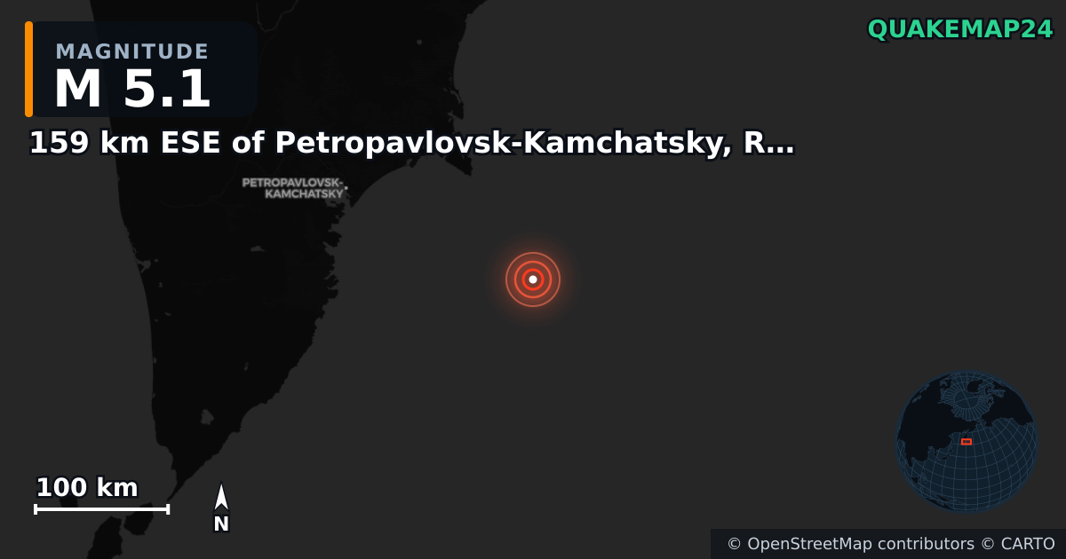 M5.1 earthquake near 159 km ESE of Petropavlovsk-Kamchatsky, Russia on Jul 30, 2025 — map of epicenter and shaking intensity | QuakeMap24