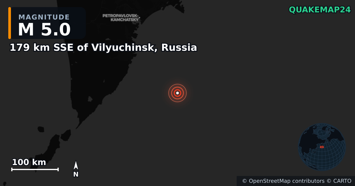 Erdbeben M5,0 bei 179 km SSE of Vilyuchinsk, Russia — Karte der Lage des Epizentrums
