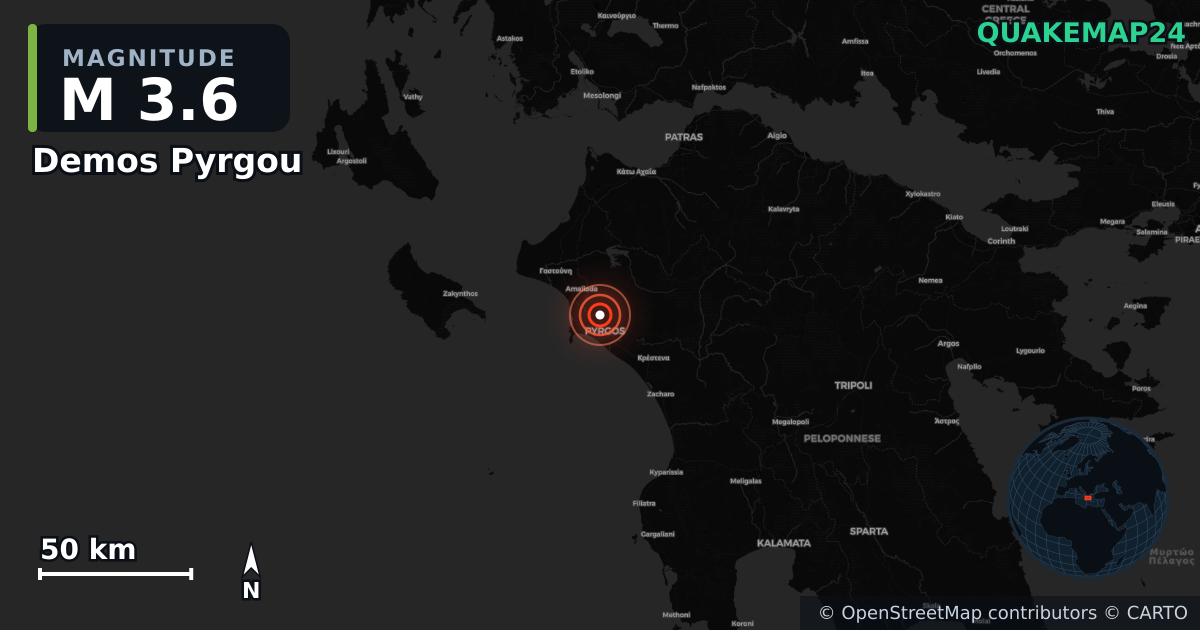 M3.6 earthquake near Demos Pyrgou on Jan 25, 2026 — map of epicenter and shaking intensity | QuakeMap24