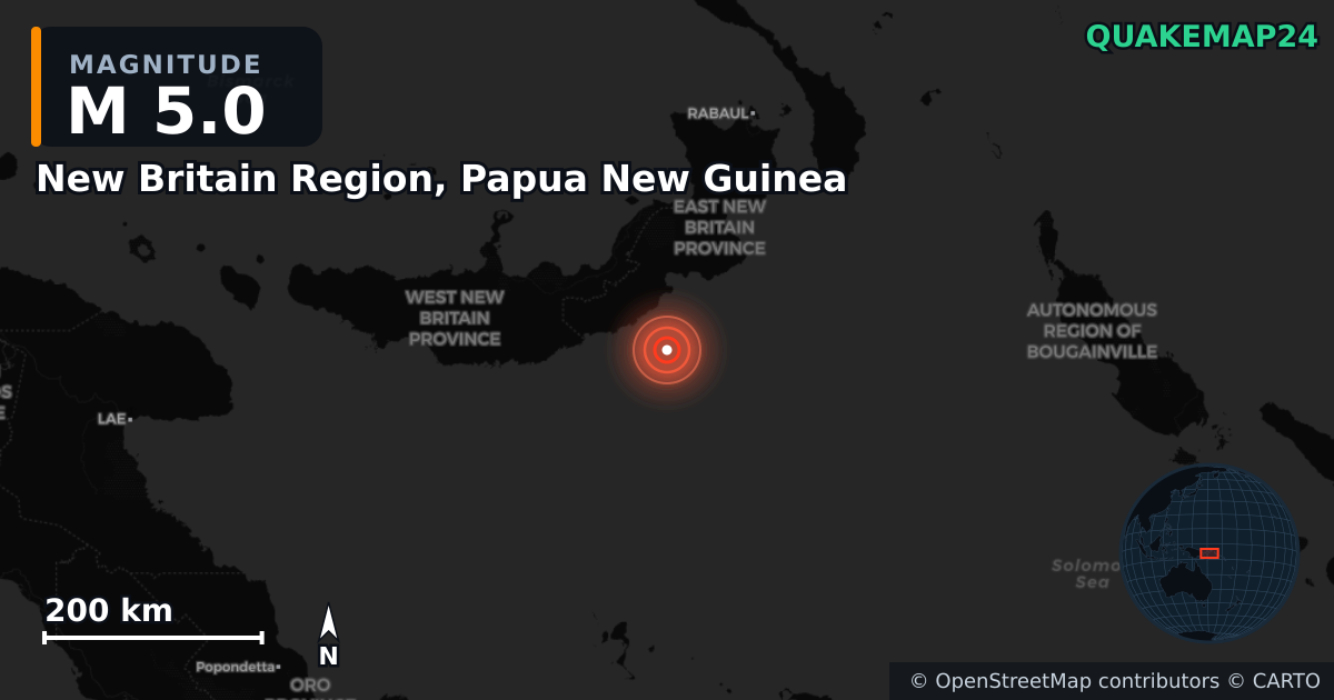 M5.0 earthquake near New Britain Region, Papua New Guinea on May 1, 2025 — map of epicenter and shaking intensity | QuakeMap24