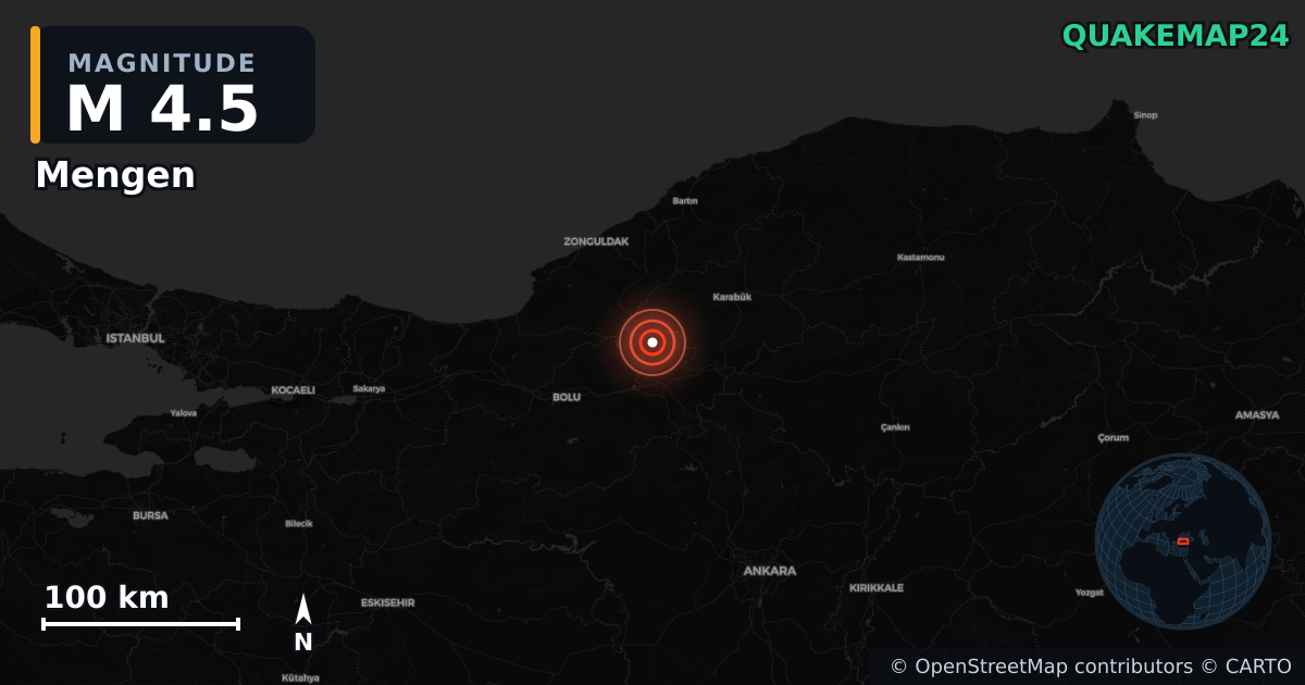 M4.5 earthquake near Mengen on Dec 7, 2025 — map of epicenter and shaking intensity | QuakeMap24