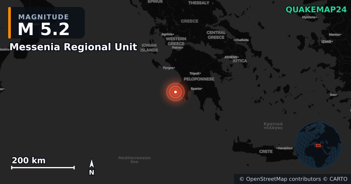 Erdbeben M5,2 bei Messenia Regional Unit, Peloponnese Region (Griechenland) · 2026-06-14 — Karte der Lage des Epizentrums