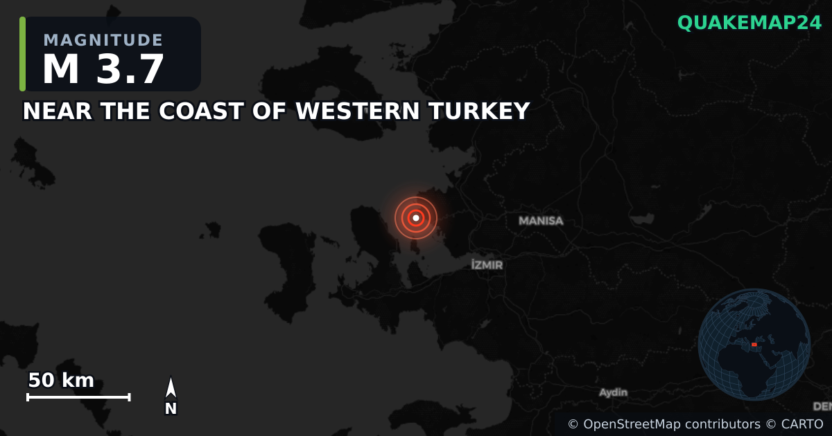M3.7 earthquake near NEAR THE COAST OF WESTERN TURKEY on May 24, 2025 — map of epicenter and shaking intensity | QuakeMap24