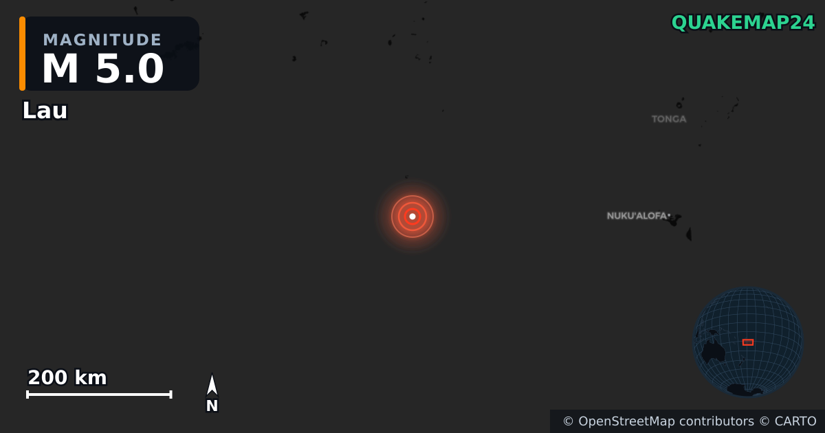 M5.0 earthquake near Lau on Jun 22, 2026 — map of epicenter and shaking intensity | QuakeMap24