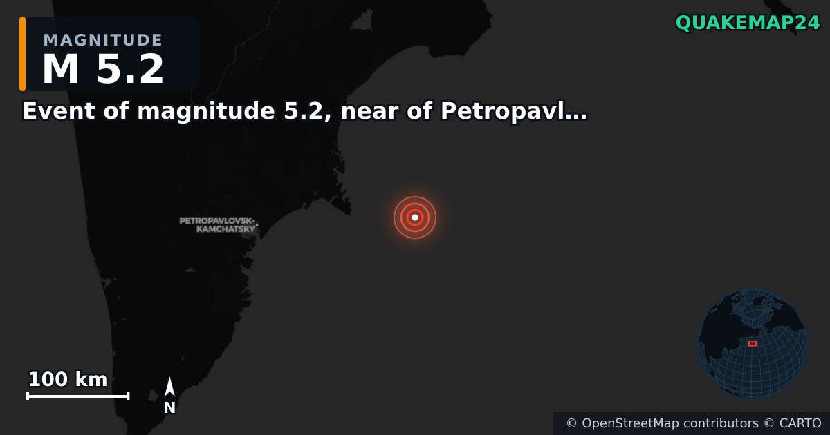 M5.2 earthquake near Event of magnitude 5.2, near of Petropavlovsk Kamchatskiy (Monde) on Sep 19, 2025 — map of epicenter and shaking intensity | QuakeMap24