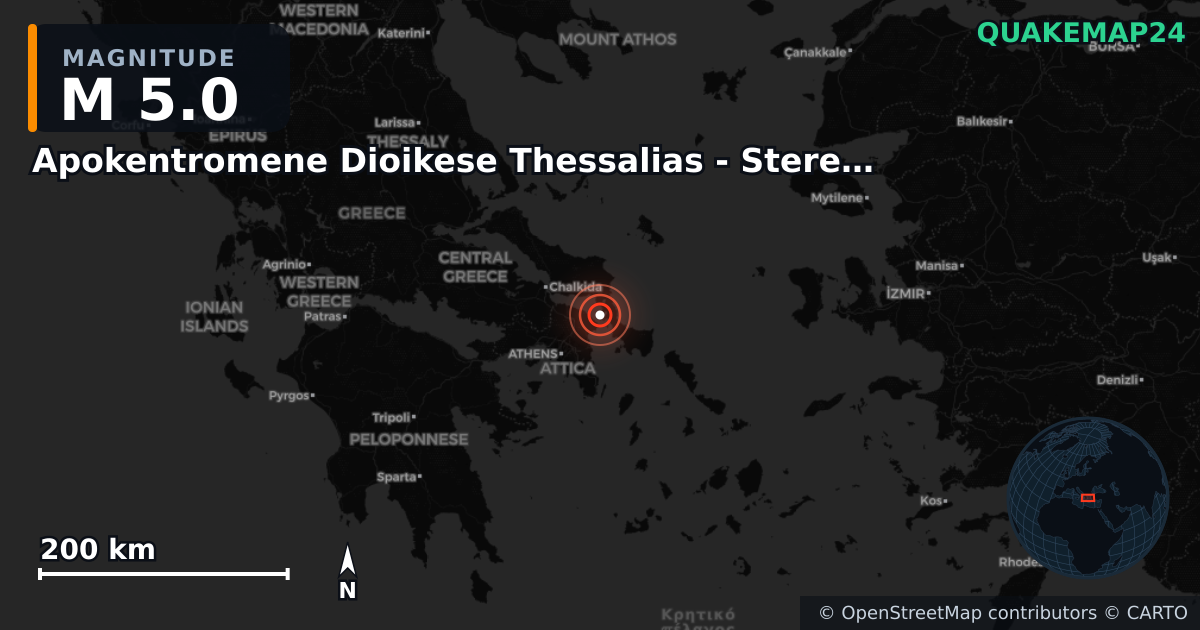 M5.0 earthquake near Apokentromene Dioikese Thessalias - Stereas Ellados on Sep 8, 2025 — map of epicenter and shaking intensity | QuakeMap24