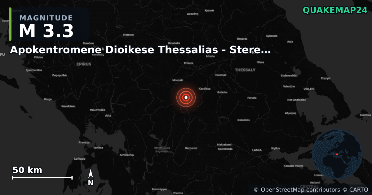 M3.3 earthquake near Apokentromene Dioikese Thessalias - Stereas Ellados on Nov 24, 2025 — map of epicenter and shaking intensity | QuakeMap24