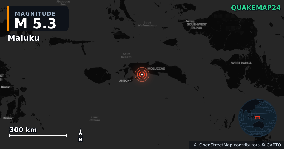 Erdbeben M5,3 bei Maluku (Indonesien) — Karte der Lage des Epizentrums