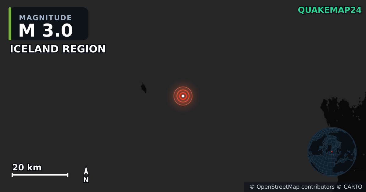 M3.0 earthquake near ICELAND REGION on May 14, 2025 — map of epicenter and shaking intensity | QuakeMap24