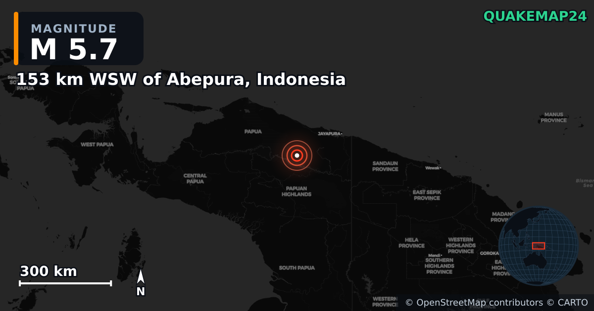 Erdbeben M5,7 bei 153 km WSW of Abepura, Indonesia — Karte der Lage des Epizentrums