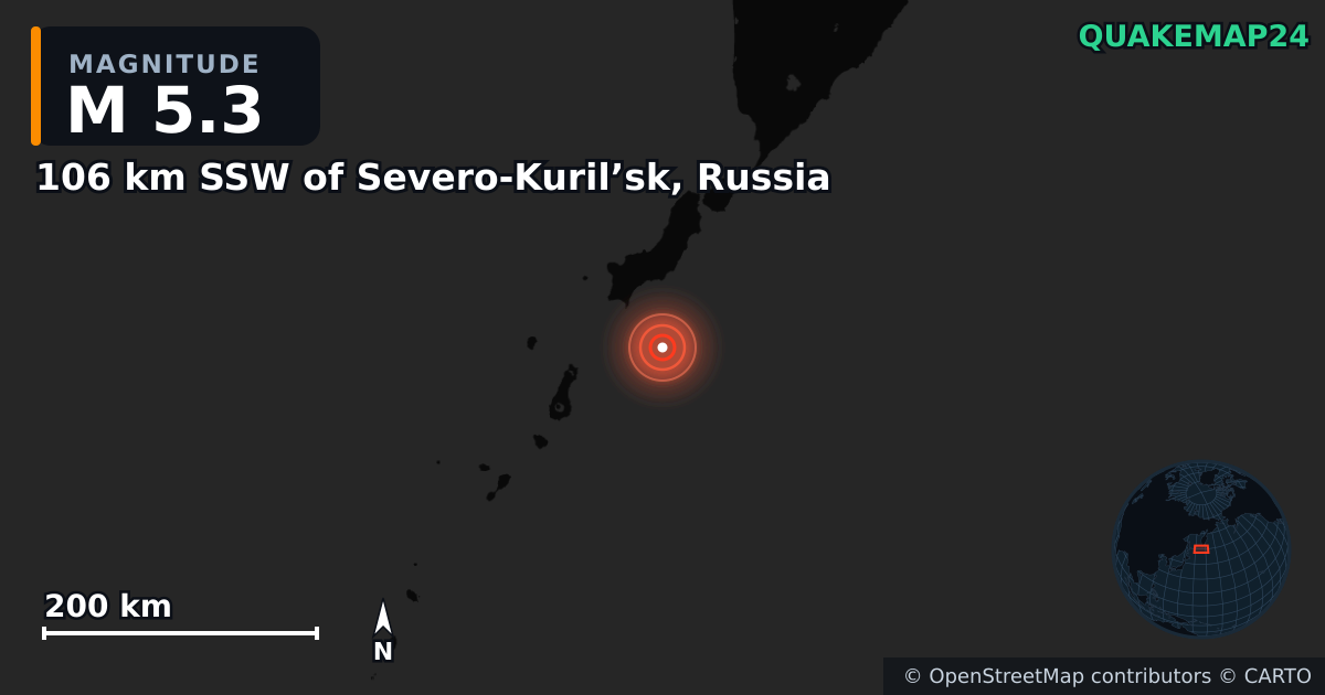 M5.3 earthquake near 106 km SSW of Severo-Kuril’sk, Russia on Nov 3, 2025 — map of epicenter and shaking intensity | QuakeMap24