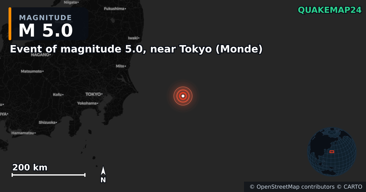 M5.0 earthquake near Event of magnitude 5.0, near Tokyo (Monde) on Aug 15, 2026 — map of epicenter and shaking intensity | QuakeMap24