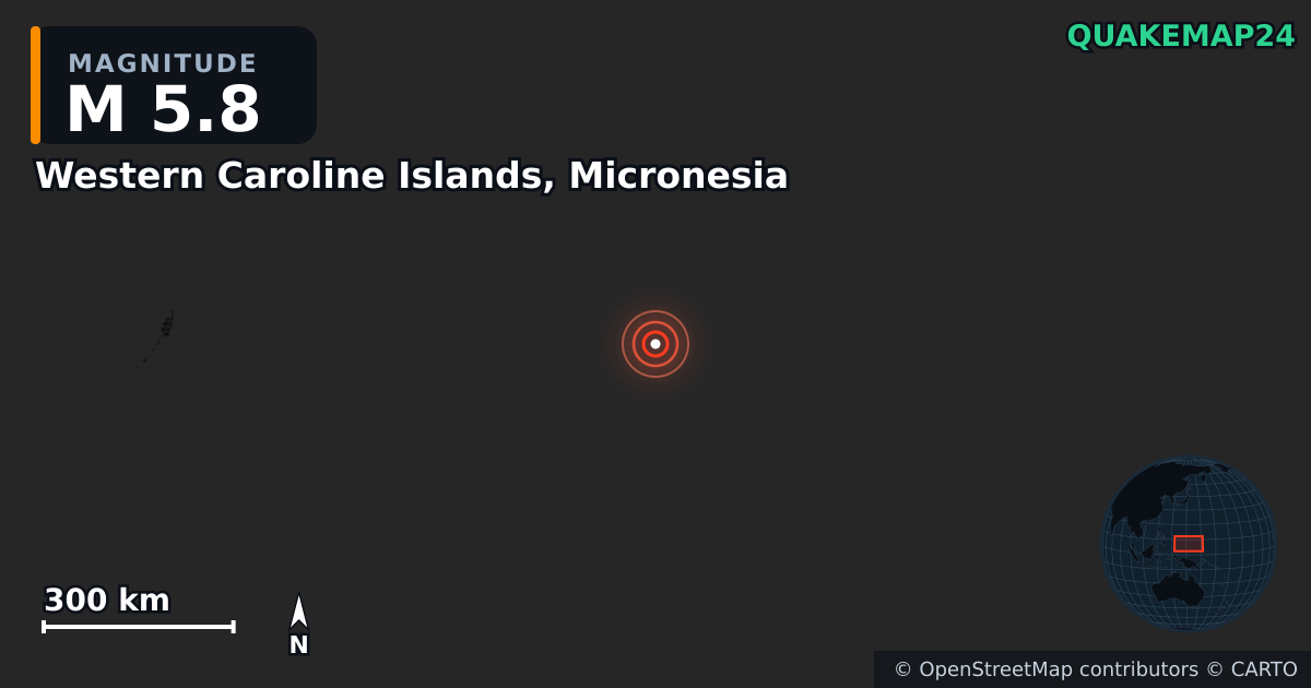 Erdbeben M5,8 bei Western Caroline Islands, Micronesia — Karte der Lage des Epizentrums
