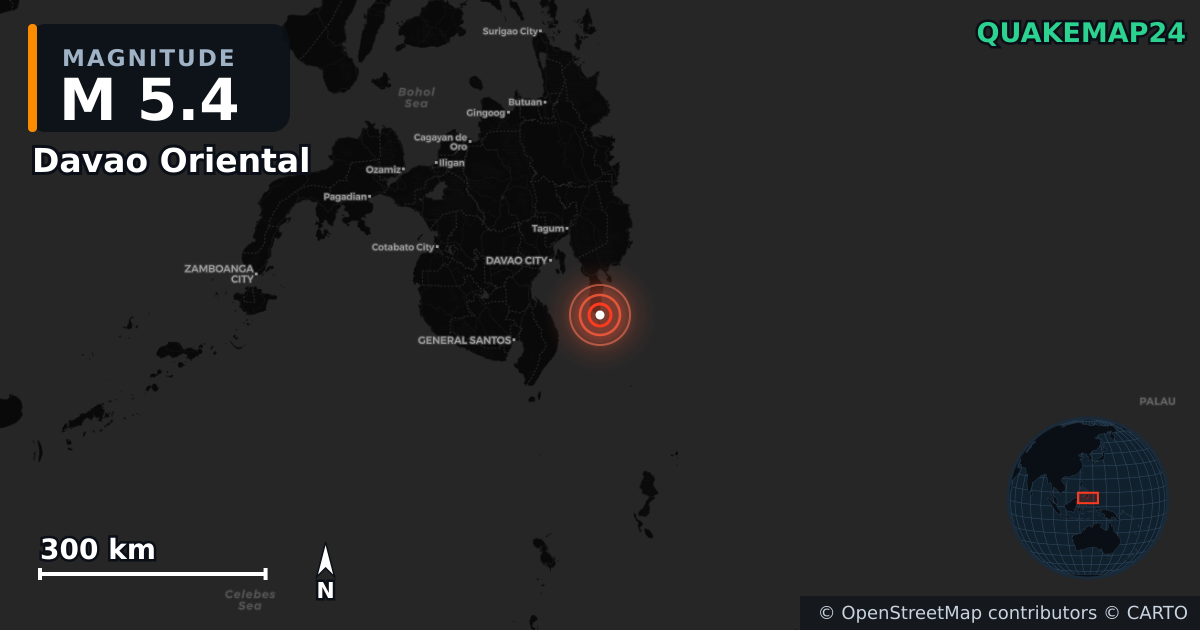 M5.4 earthquake near Davao Oriental on Nov 25, 2025 — map of epicenter and shaking intensity | QuakeMap24