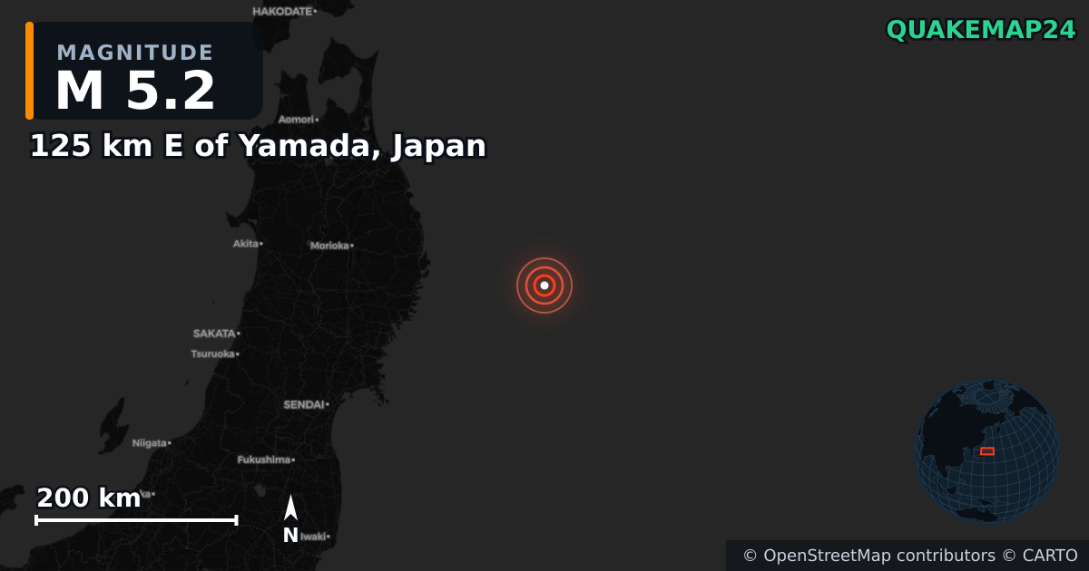 M5.2 earthquake near 125 km E of Yamada, Japan on Nov 9, 2025 — map of epicenter and shaking intensity | QuakeMap24