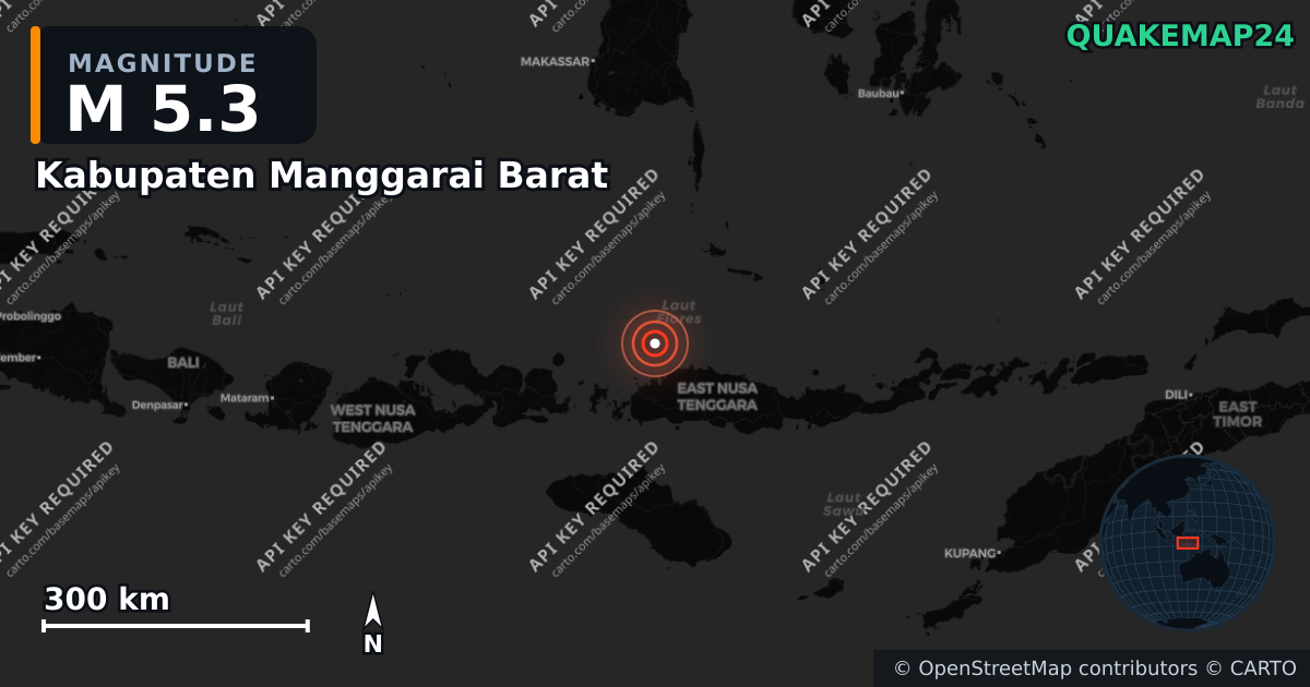 M5.3 earthquake near Kabupaten Manggarai Barat on Aug 27, 2026 — map of epicenter and shaking intensity | QuakeMap24