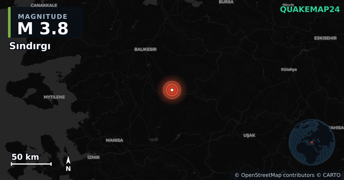 M3.8 earthquake near Sındırgı on Dec 10, 2025 — map of epicenter and shaking intensity | QuakeMap24